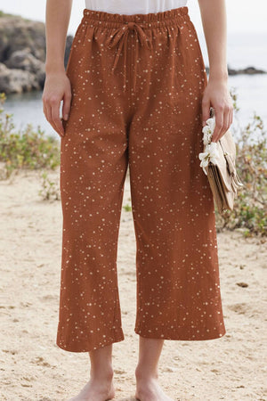 Casual Daily Print Pants Brown Linen Floral Drawstring Straight-Leg Pants