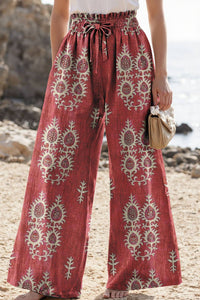 Bohemian Casual Floral Pants Red Elastic Waist Wide-Leg Pants