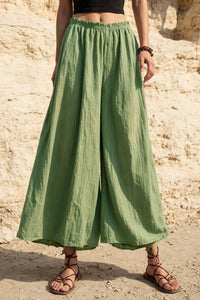 Vintage Bohemian Long Pants Elastic Waist Green Wide-leg Pants