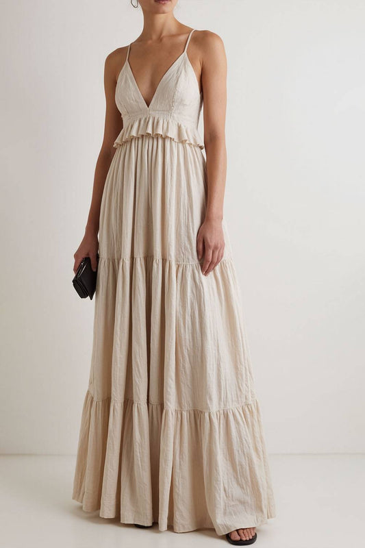 Bohemian Vacation Dress Ruffle Sleeves V-Neckline Maxi Dress