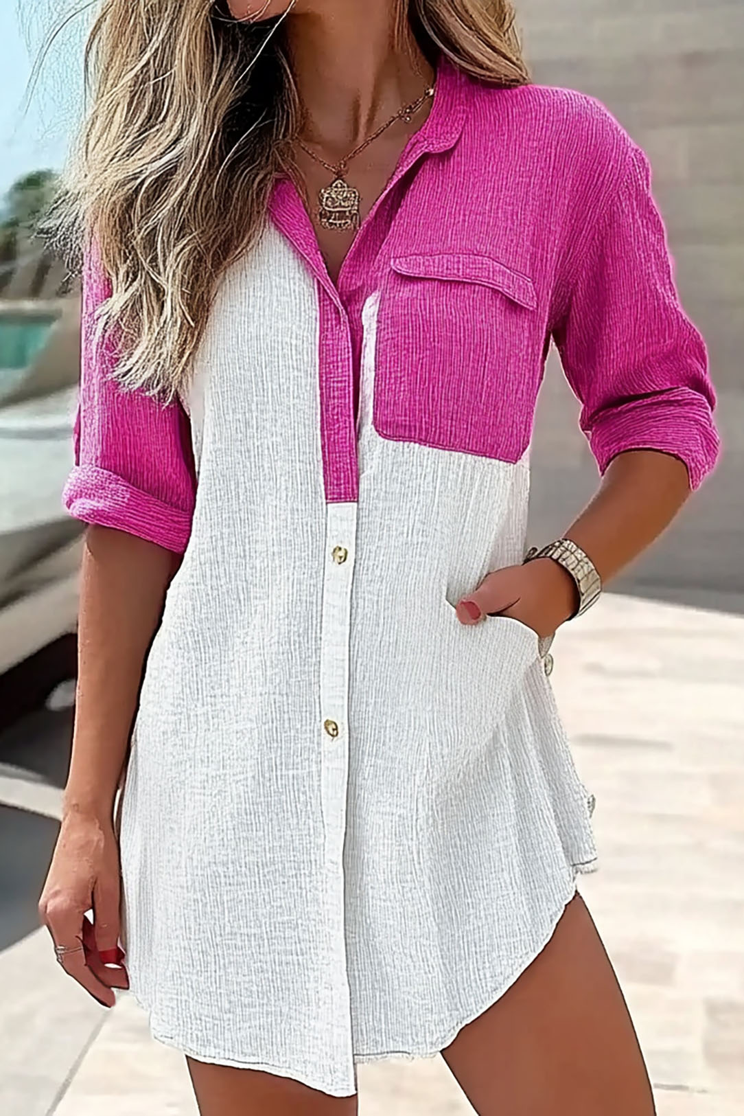 Daily Vacation Color Block Shirt Long Sleeve Pocket Top