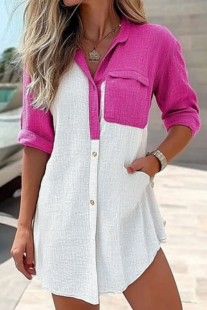 Daily Vacation Color Block Shirt Long Sleeve Pocket Top