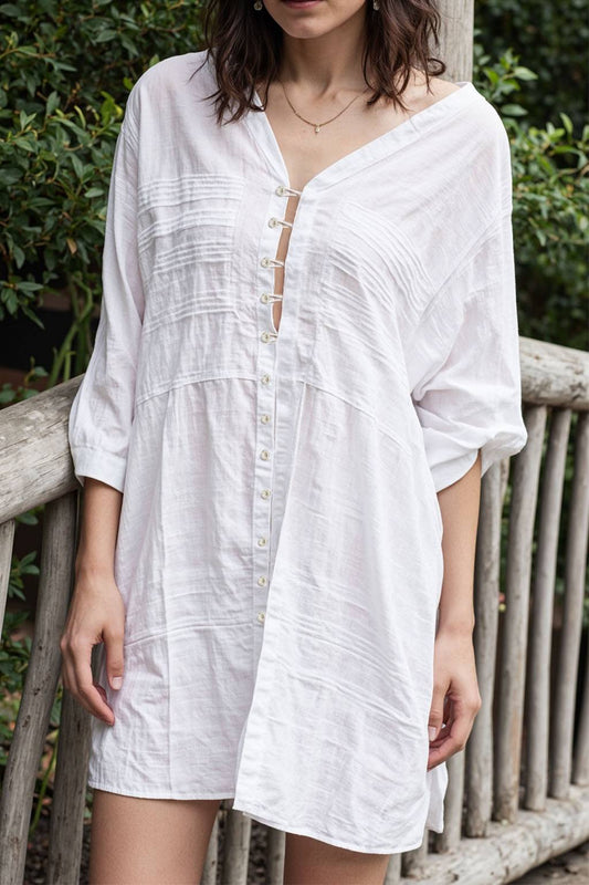 Travel Vacation Shirt Button V-neck Long Pure White Top