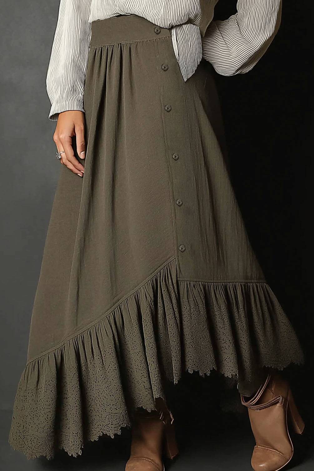 Bohemian Vintage Skirt Asymmetrical Ruffle Hem Midi Skirt