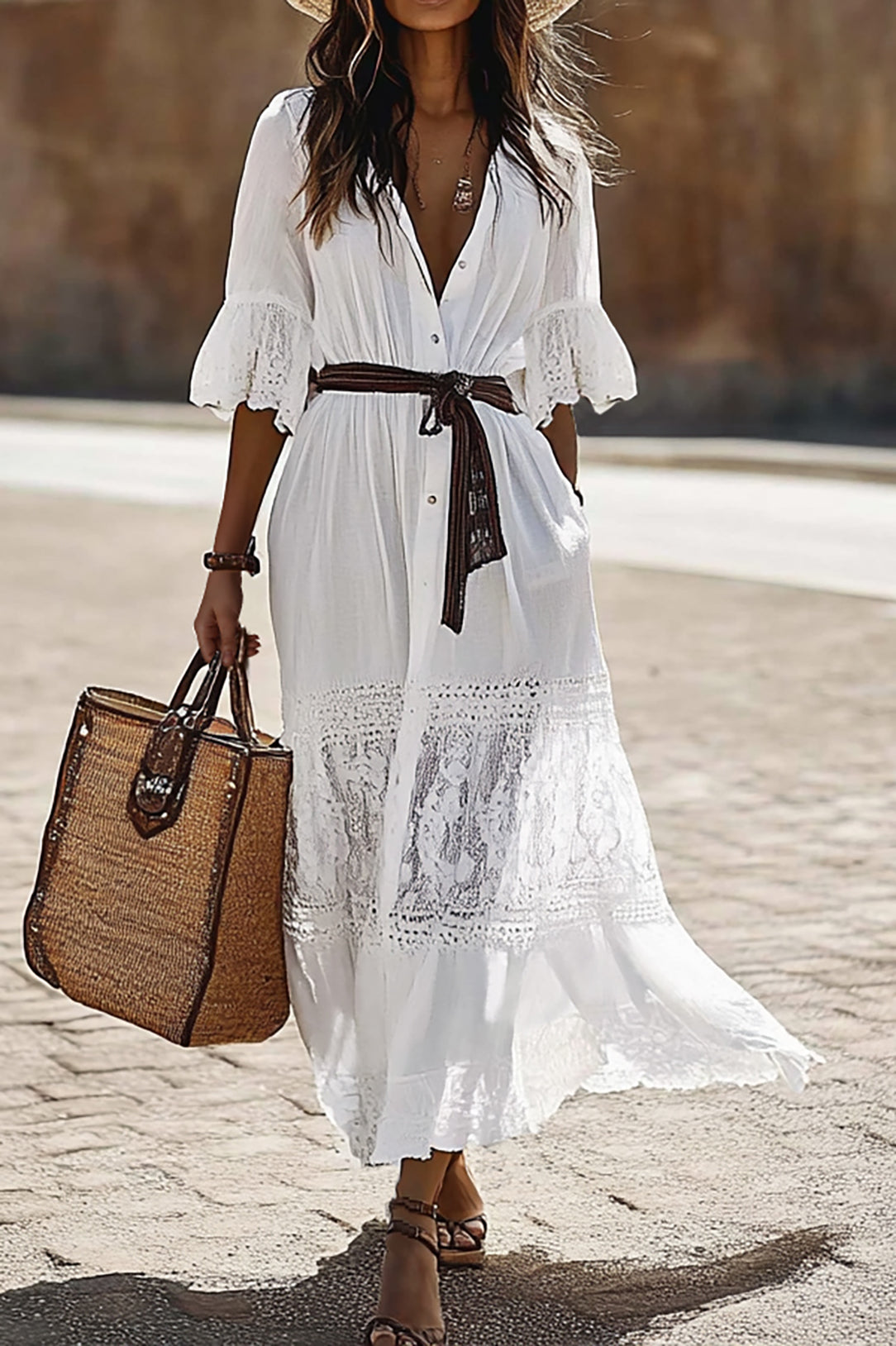 Beach Vacation Dress Collared Button Lace Ruffled Belt Maxi Dress