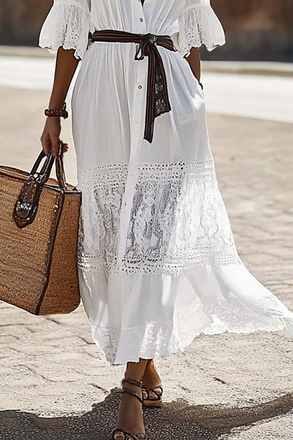 Beach Vacation Dress Collared Button Lace Ruffled Belt Maxi Dress