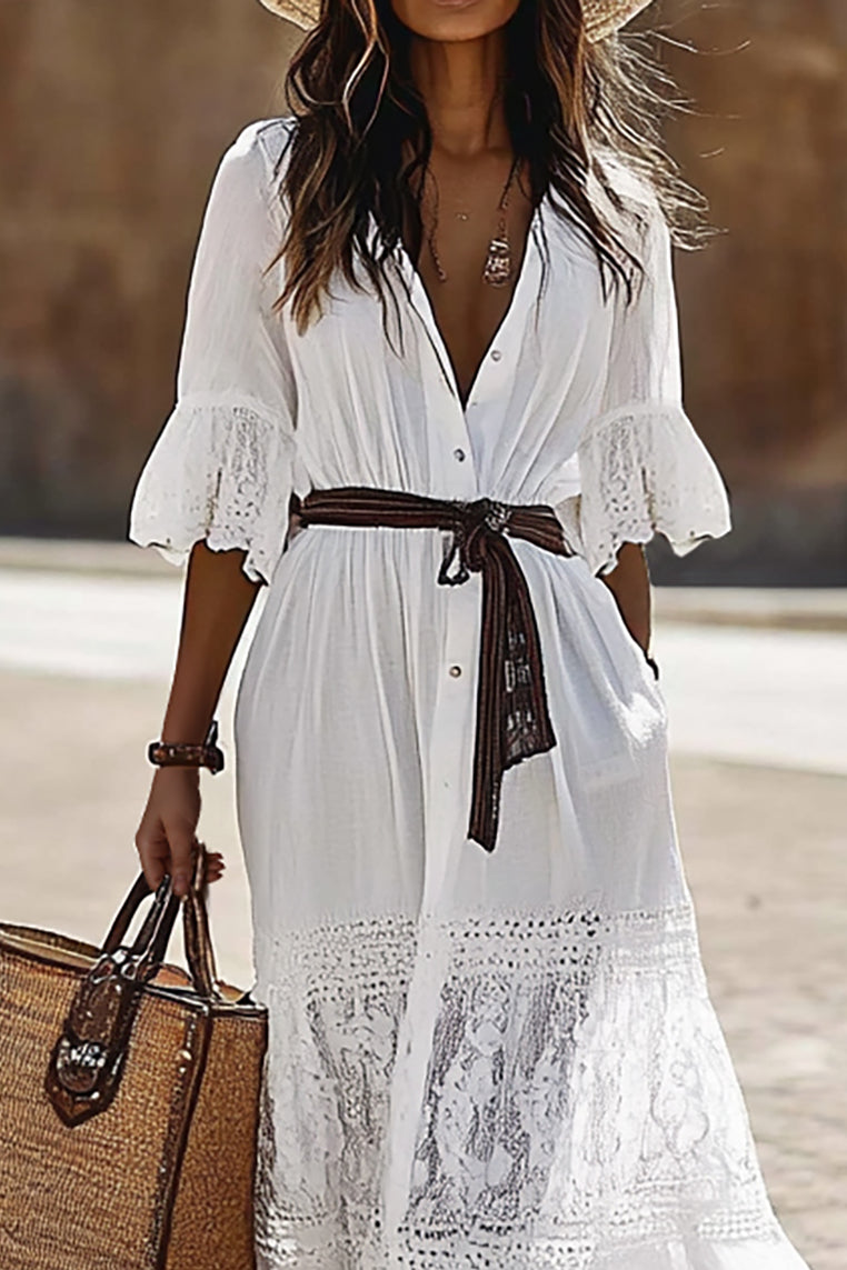 Beach Vacation Dress Collared Button Lace Ruffled Belt Maxi Dress