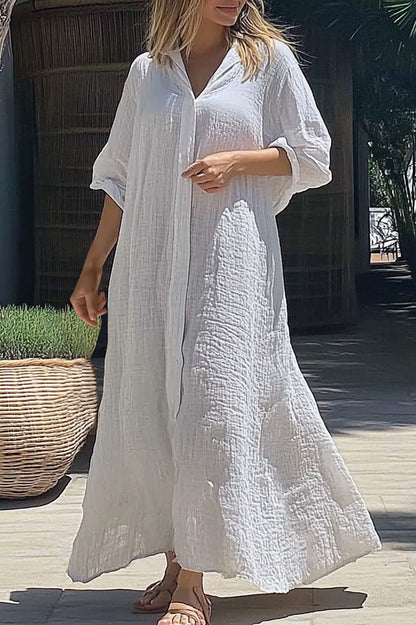 Vacation Daily Shirt Dress Loose Button Linen Oversize Maxi Dress