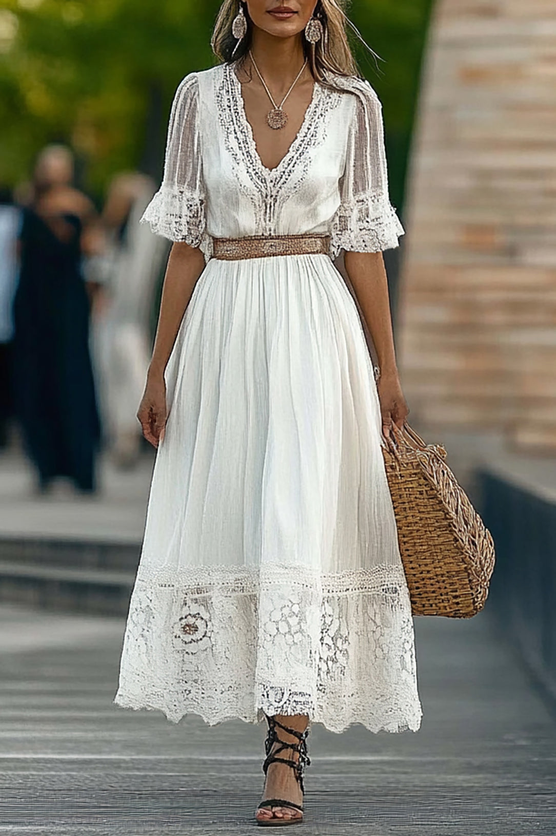 Bohemian Casual Dress Lace Trim Deep V Belt Maxi Dress