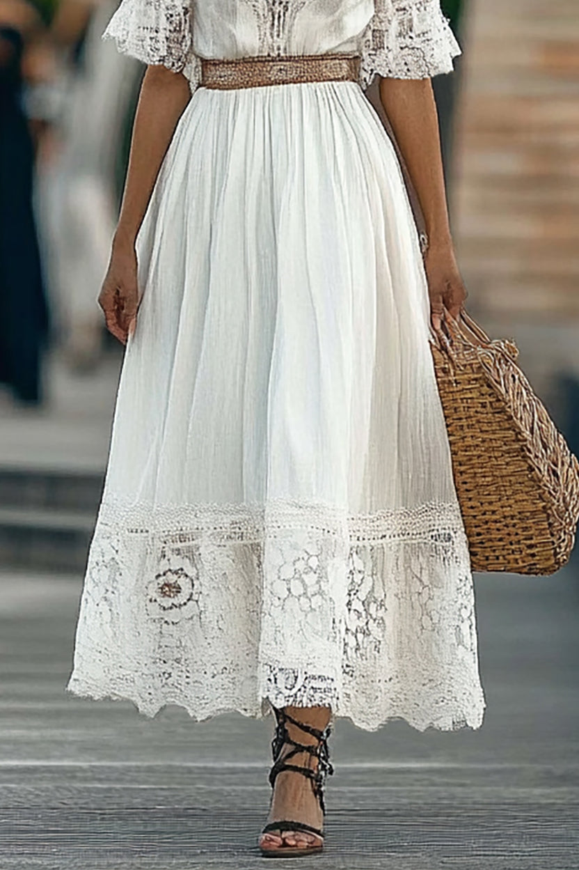 Bohemian Casual Dress Lace Trim Deep V Belt Maxi Dress