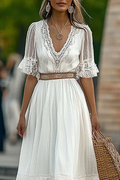 Bohemian Casual Dress Lace Trim Deep V Belt Maxi Dress