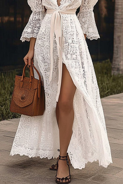 Elegant Vacation Lace Dress Deep V High Split Puff Sleeve Belt Maxi Dress