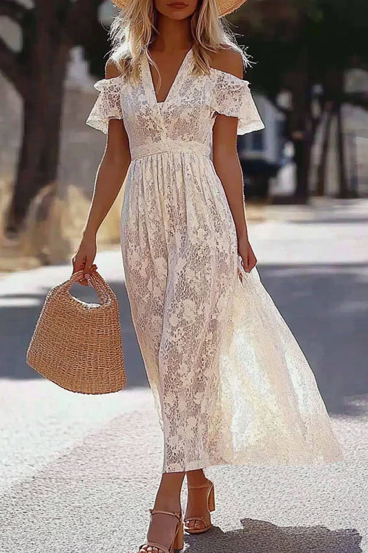 Casual Picnic Dress Drop Shoulder Sleeve V-neck Lace Elegant Maxi Dress