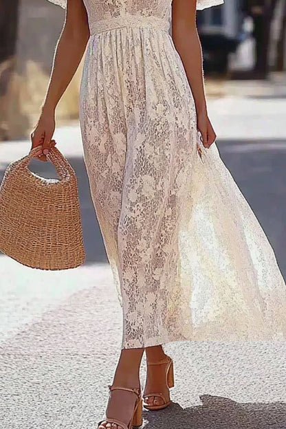 Casual Picnic Dress Drop Shoulder Sleeve V-neck Lace Elegant Maxi Dress