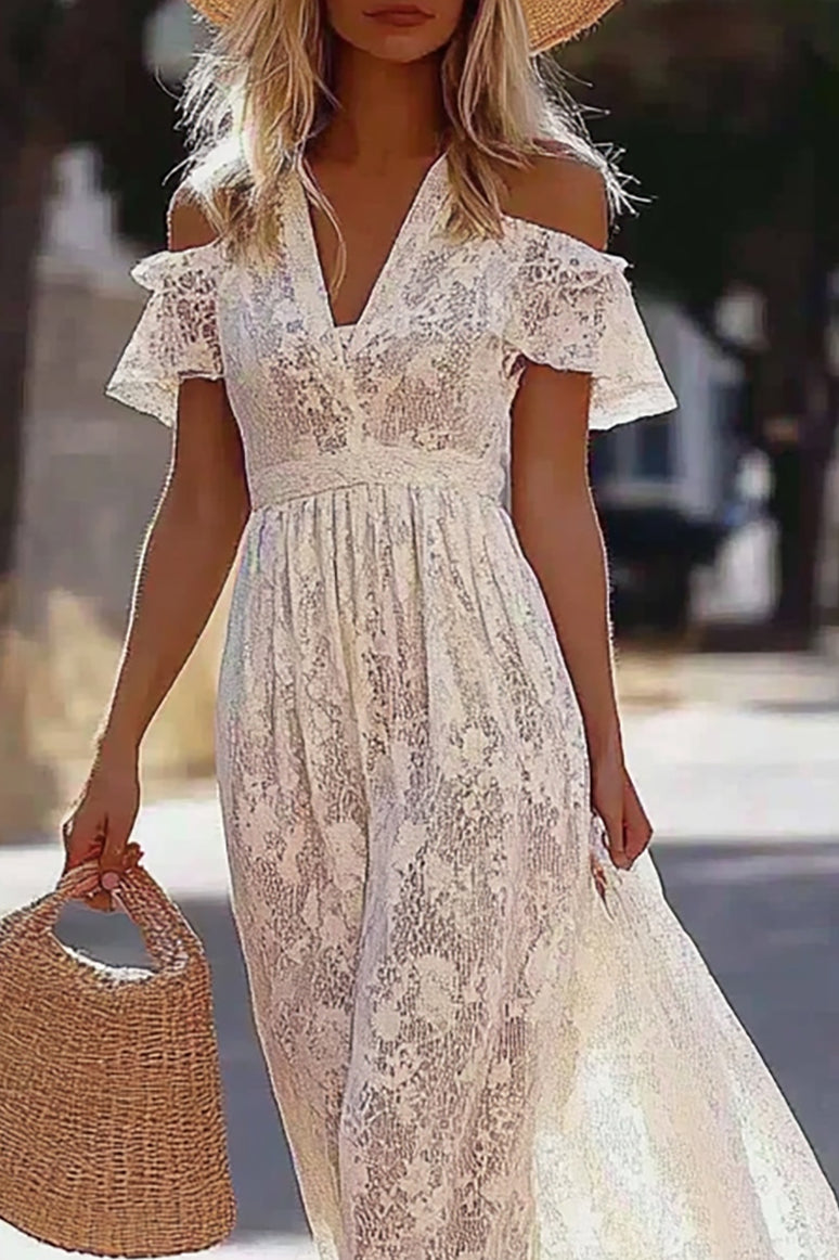 Casual Picnic Dress Drop Shoulder Sleeve V-neck Lace Elegant Maxi Dress