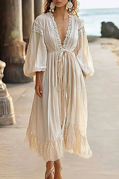 Casual Vacation Linen Dress Lace Ribbon Puff Sleeve Deep V Midi Dress