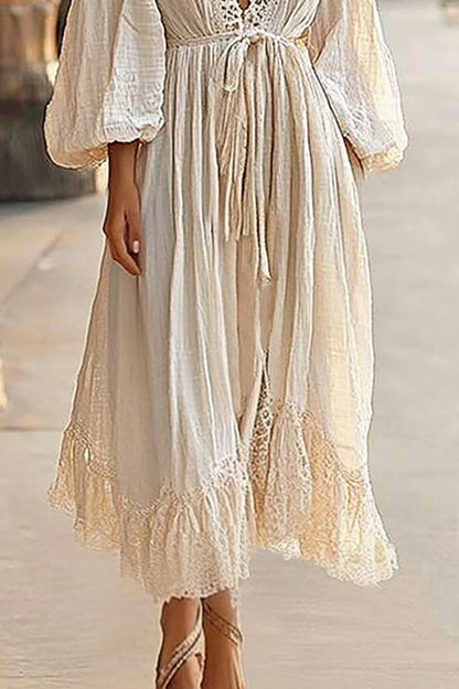 Casual Vacation Linen Dress Lace Ribbon Puff Sleeve Deep V Midi Dress