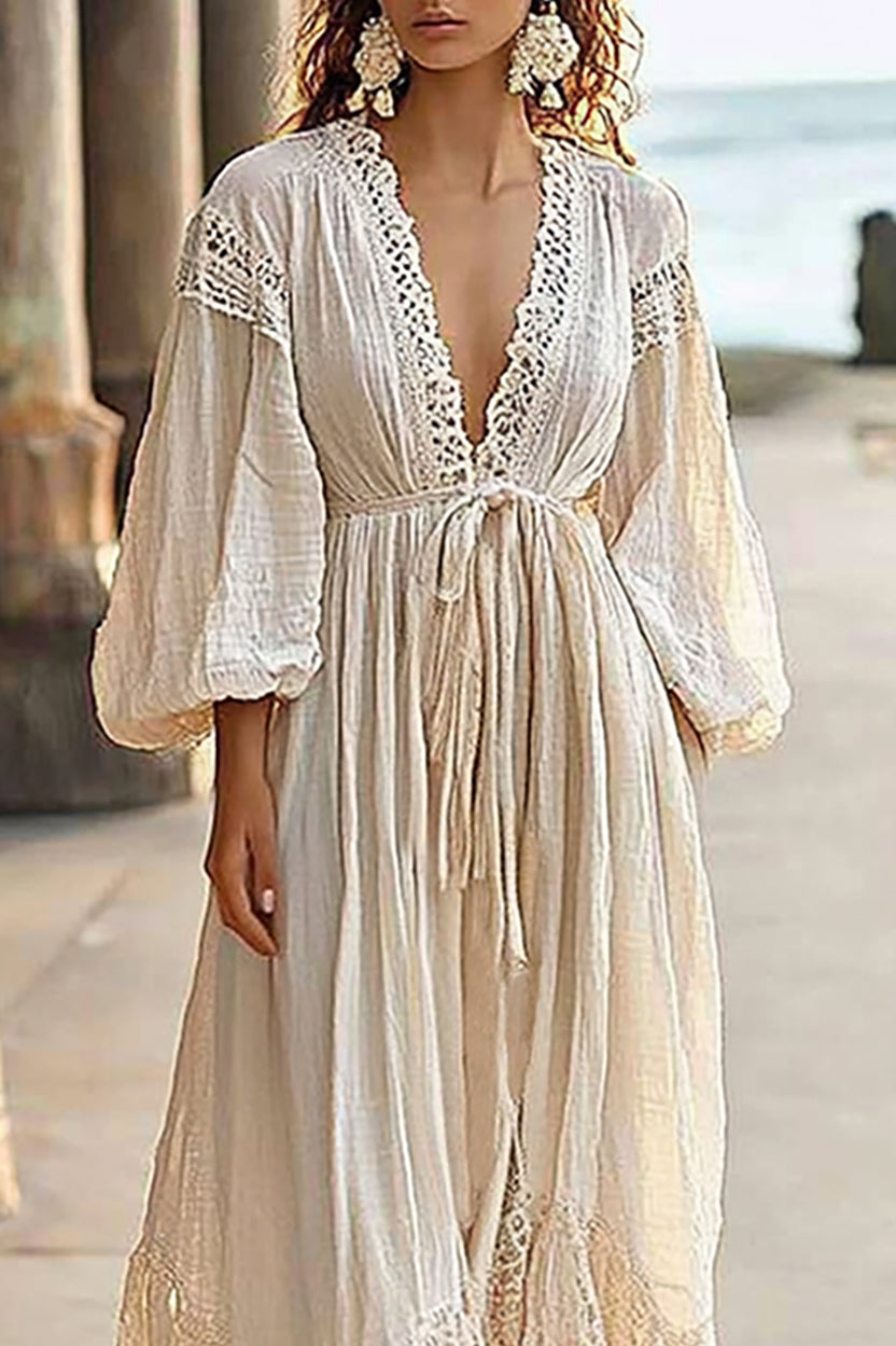 Casual Vacation Linen Dress Lace Ribbon Puff Sleeve Deep V Midi Dress