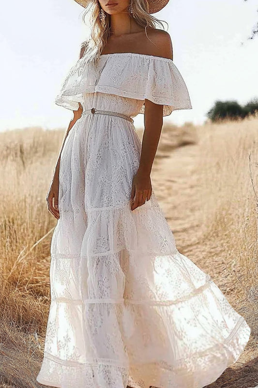 Vacation Bohemian Dress Lace One-shoulder Belt Maxi Dress