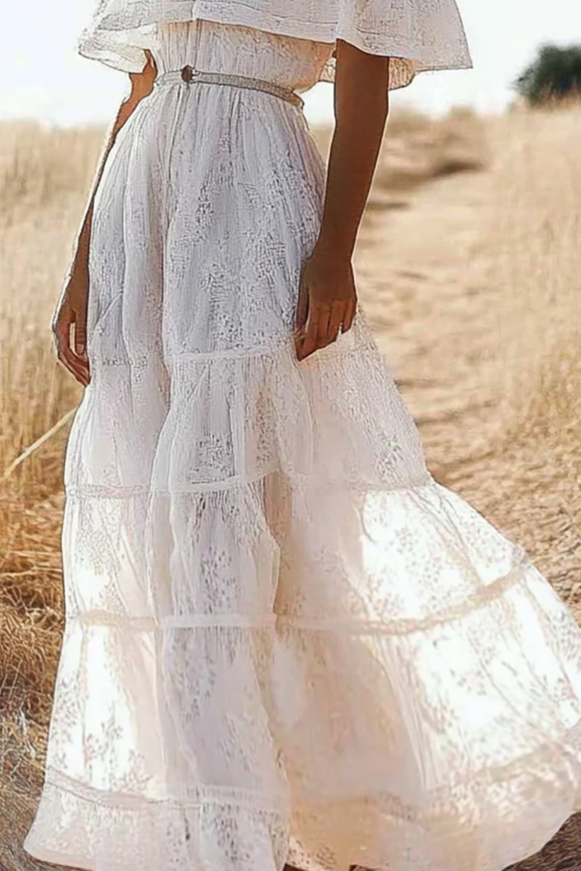 Vacation Bohemian Dress Lace One-shoulder Belt Maxi Dress