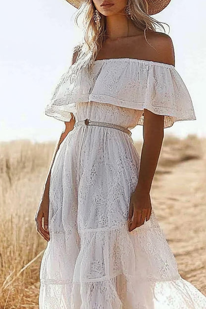 Vacation Bohemian Dress Lace One-shoulder Belt Maxi Dress