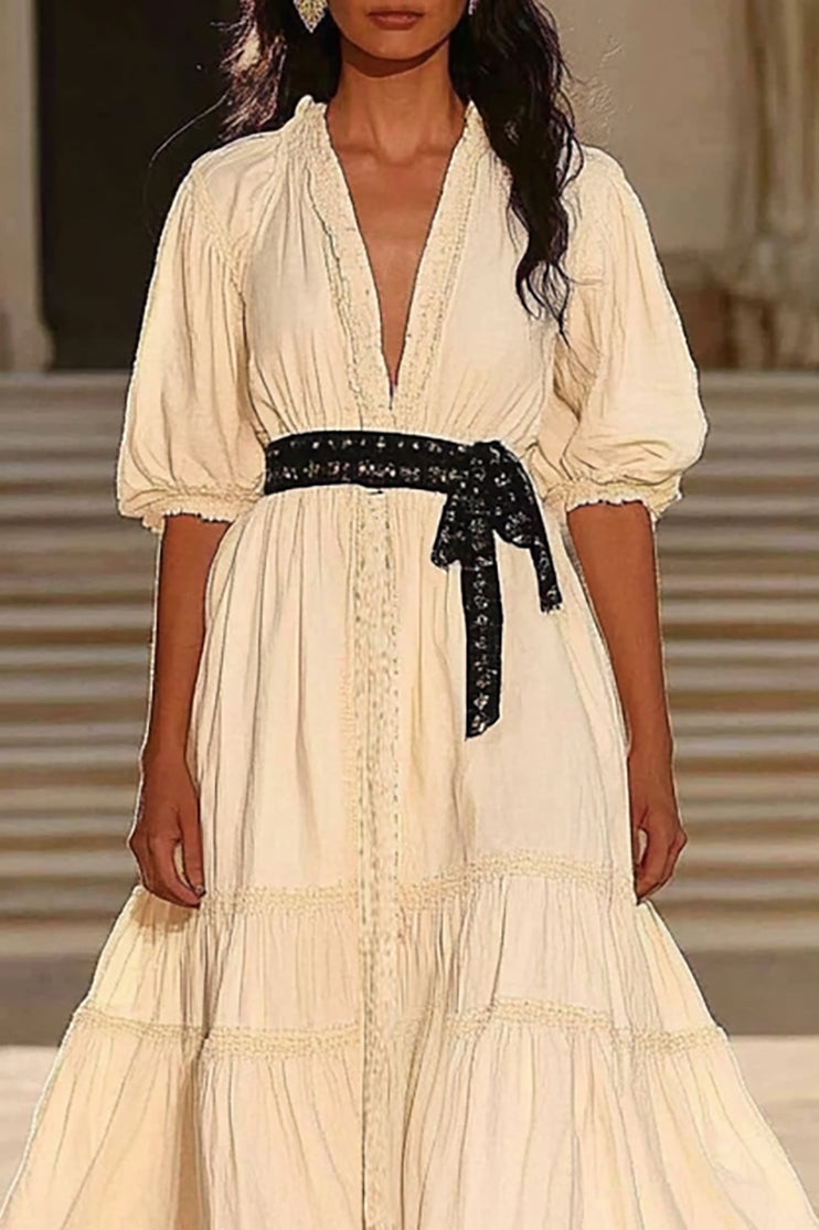 Daily Off-white Dress Deep V-neck Puff Sleeve Lace Belt Maxi Dress