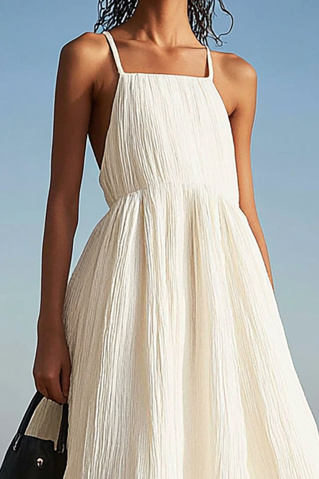 Daily Vacation Dress Strap Backless Pleated Fabric Midi Dress