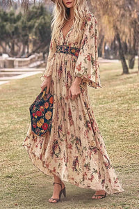 Bohemian Vintage Printed Dress Deep V Bell Sleeve Flowing Maxi Dress