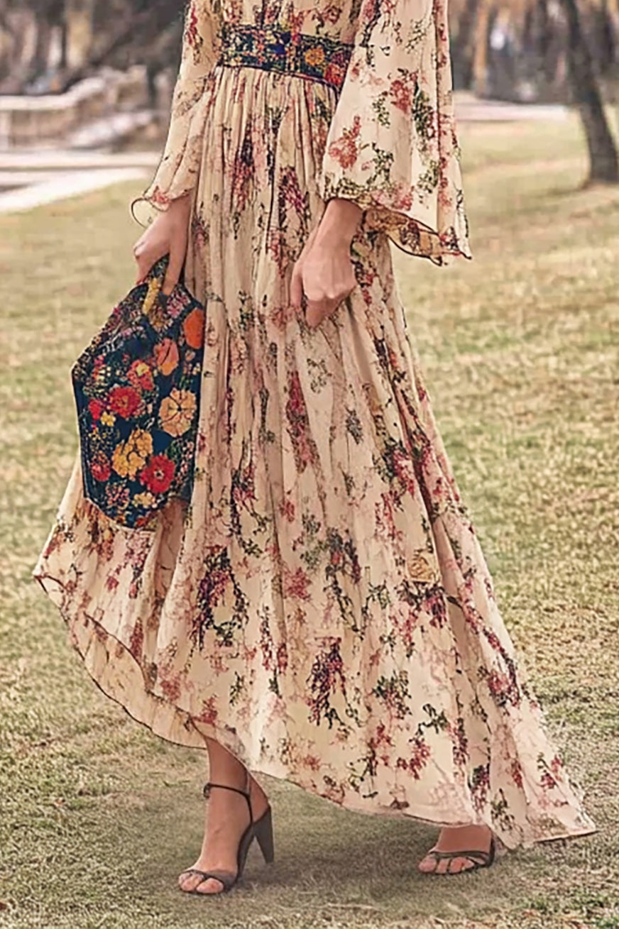 Bohemian Vintage Printed Dress Deep V Bell Sleeve Flowing Maxi Dress