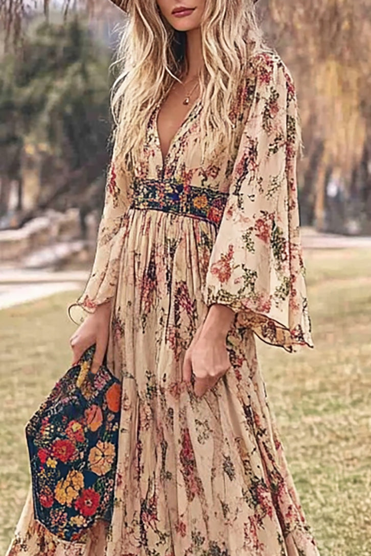 Bohemian Vintage Printed Dress Deep V Bell Sleeve Flowing Maxi Dress