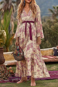 Bohemian Vacation Dress Purple Floral Deep V Lace-up Maxi Dress