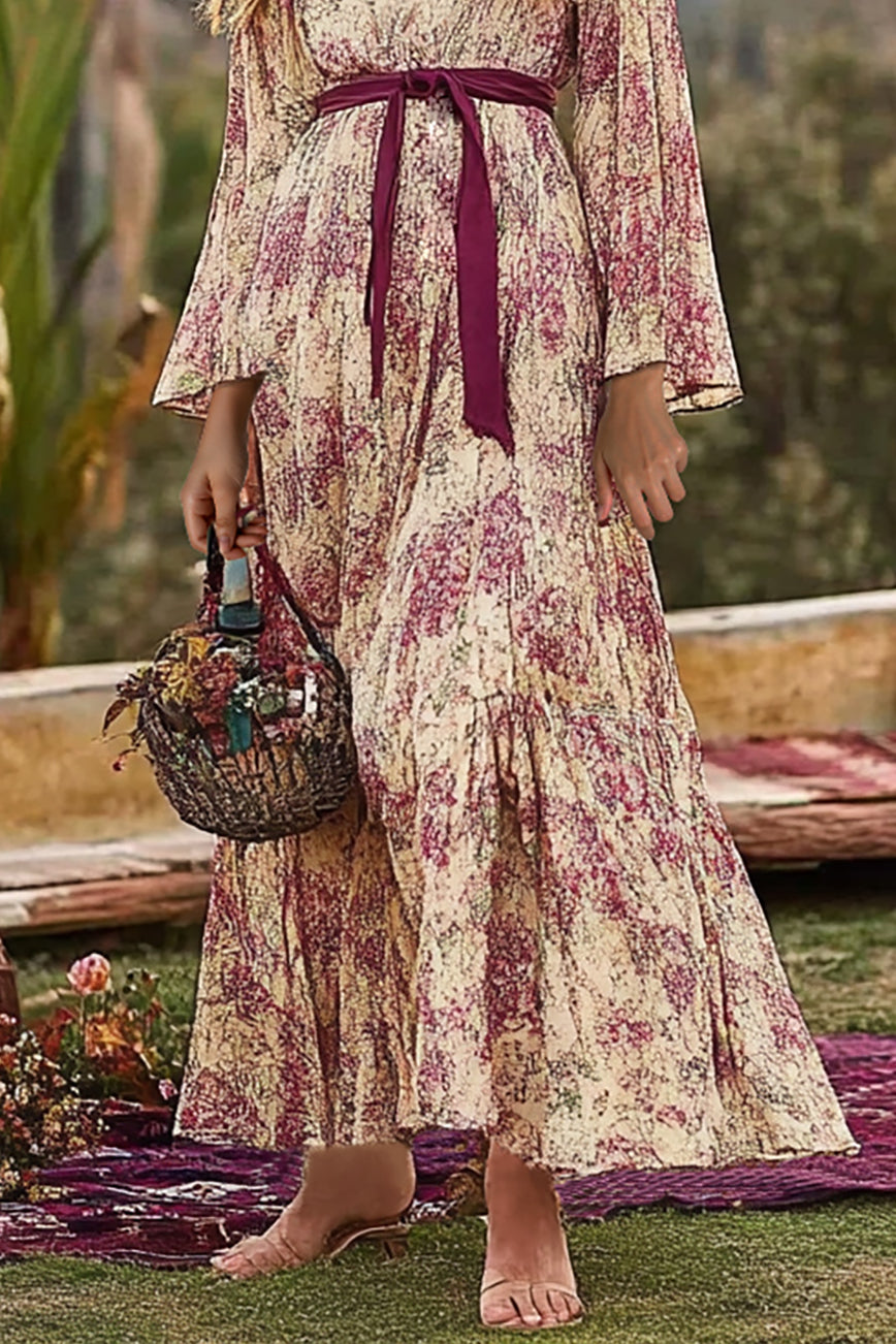 Bohemian Vacation Dress Purple Floral Deep V Lace-up Maxi Dress