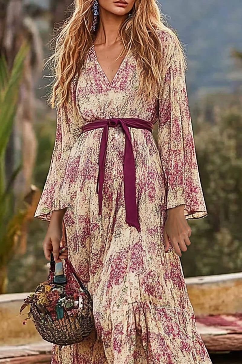 Bohemian Vacation Dress Purple Floral Deep V Lace-up Maxi Dress