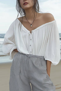 Casual Daily Loose Tops Buttoned Elastic Off-shoulder Shirt