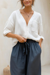 Casual Vacation Tops White Deep V-neck Long Sleeve Breathable Linen Shirt