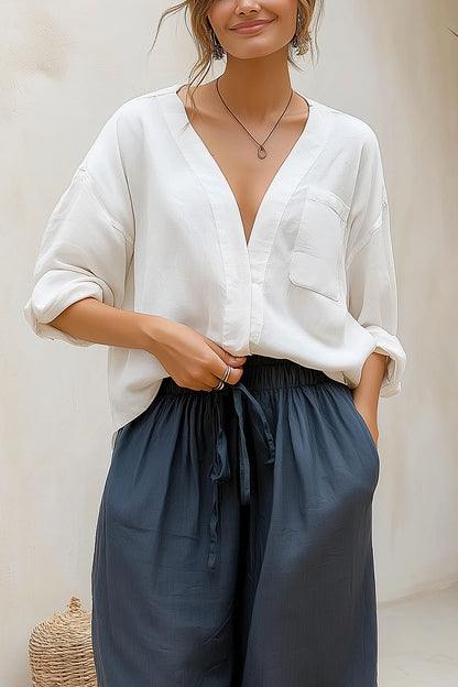 Casual Vacation Tops White Deep V-neck Long Sleeve Breathable Linen Shirt