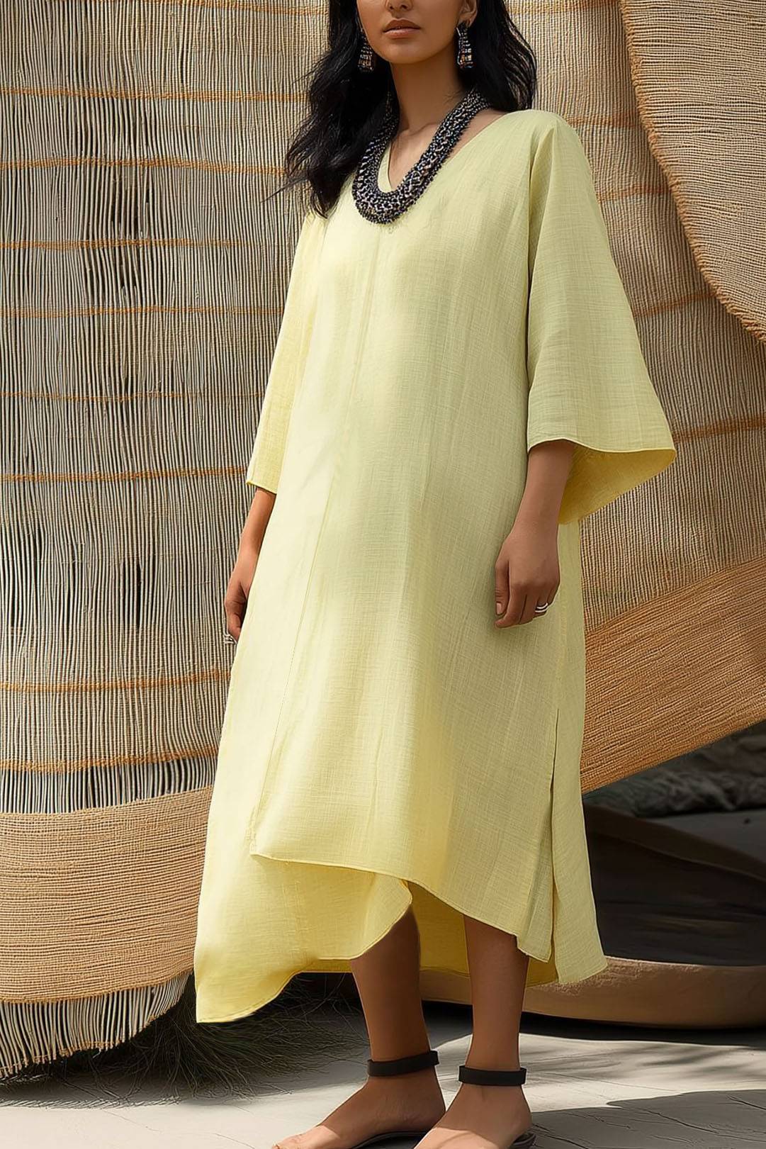 Casual Daily Loose Dress Yellow Light Yellow Linen V-Neck Maxi Dress