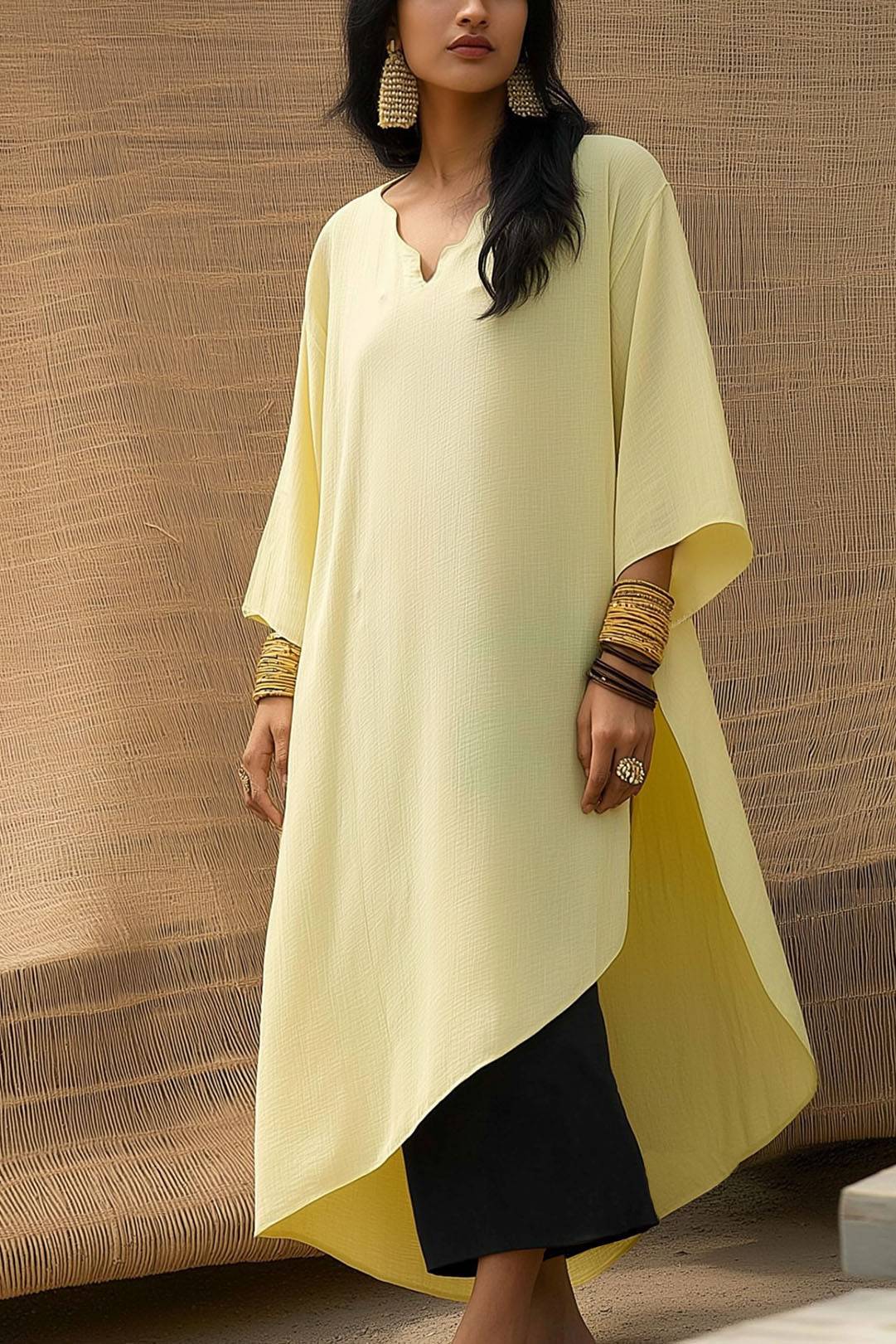 Casual Daily Loose Dress Linen Light Yellow V-Neck Side Slit Maxi Dress