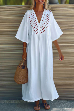 Casual Vacation Loose Dress White Floral Linen V-Neck Maxi Dress