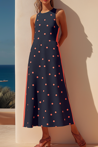 Vacation Casual Dress Navy Blue Crew Neck Dot Sleeveless Maxi Dress