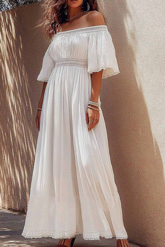 Vacation Casual Loose Dress White Off Shoulder Lace Half Sleeve Maxi Dress