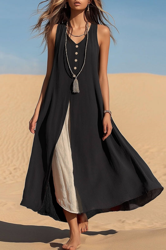 Vacation Casual Swing Loose Dress Black V Neck Button Sleeveless Maxi Dress