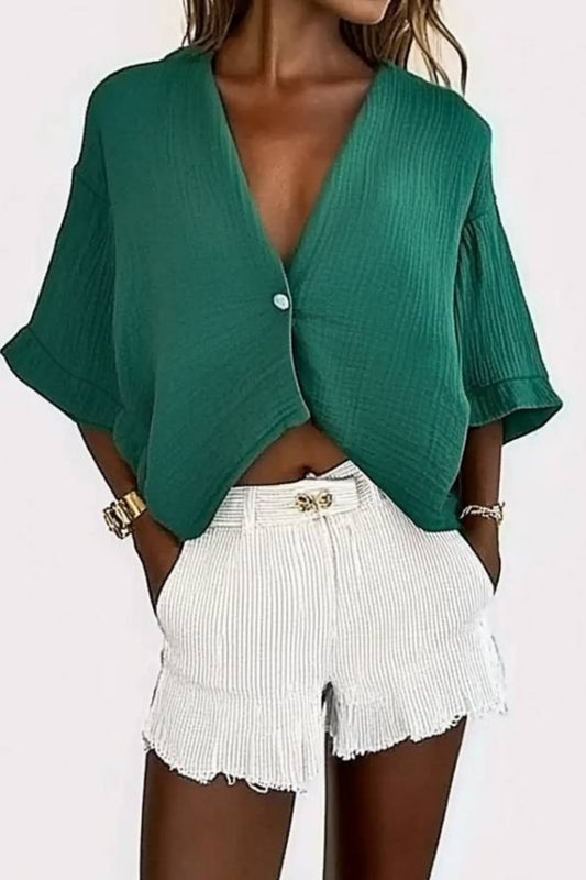 Basic Casual Top V Neck Green Button Short Sleeve Top