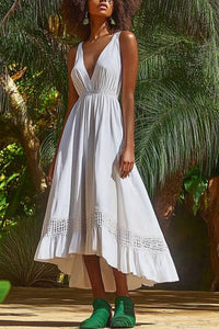 Vacation Casual Loose Dress White V Neck Plus High Low Sleeveless Maxi Dress