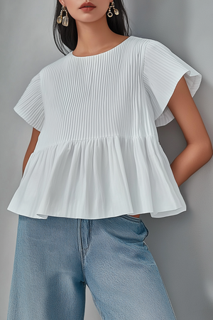 Basic Casual Top Crew Neck White Ruffle Short Sleeve Top