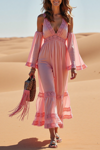 Vacation Casual Loose Dress Pink V Neck Lace Long Sleeve Maxi Dress