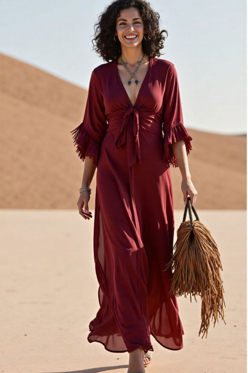 Vacation Casual Loose Dress Red Deep V Tassel 3/4 Length Sleeve Maxi Dress