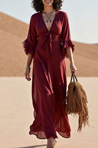 Vacation Casual Loose Dress Red Deep V Tassel 3/4 Length Sleeve Maxi Dress