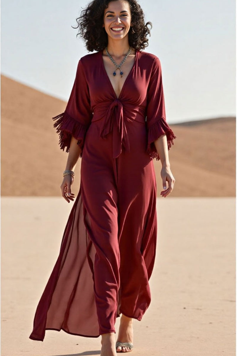 Vacation Casual Loose Dress Red Deep V Tassel 3/4 Length Sleeve Maxi Dress