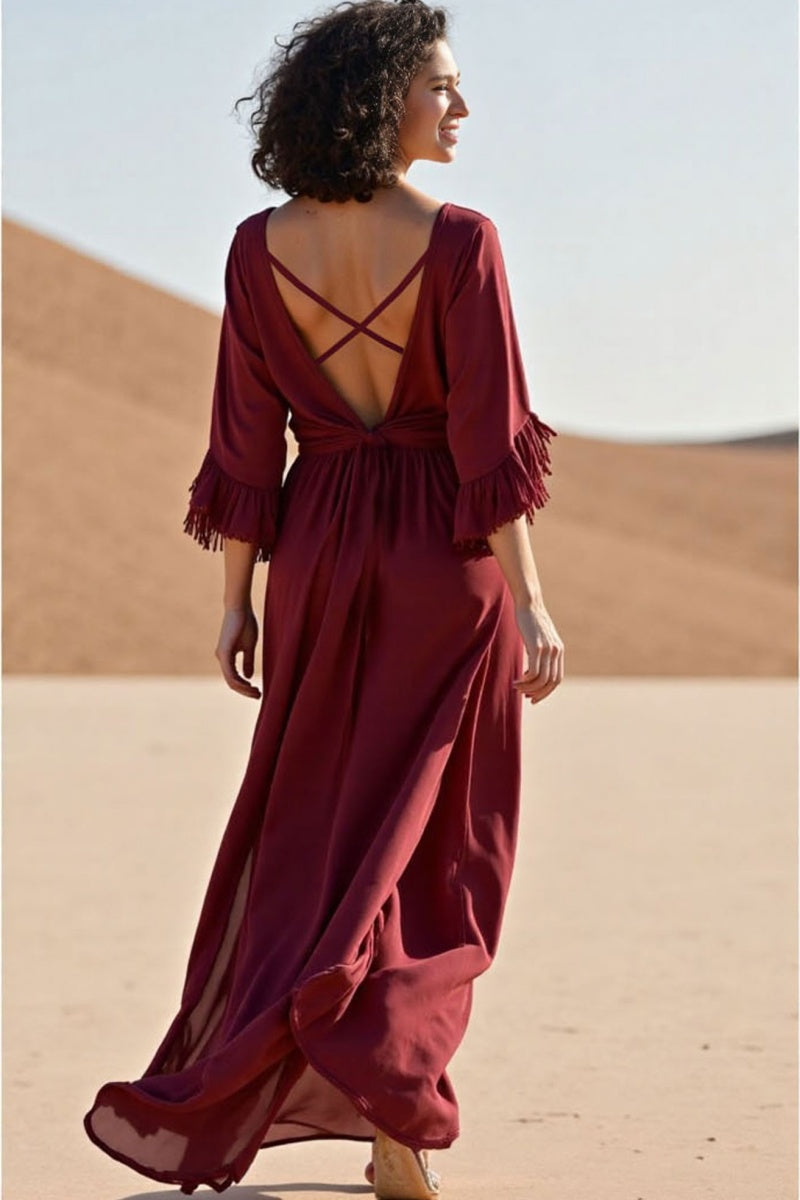 Vacation Casual Loose Dress Red Deep V Tassel 3/4 Length Sleeve Maxi Dress